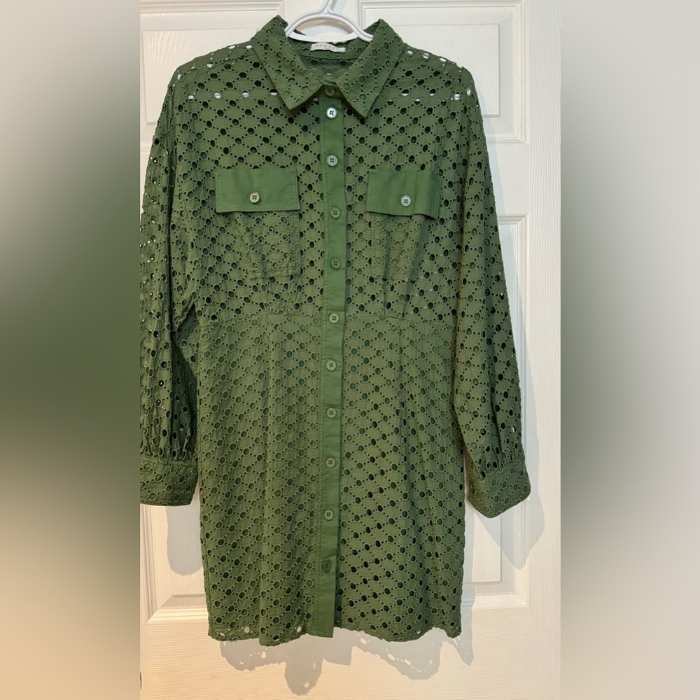 Sandro Green Cuffed Sleeve Shirt Dress